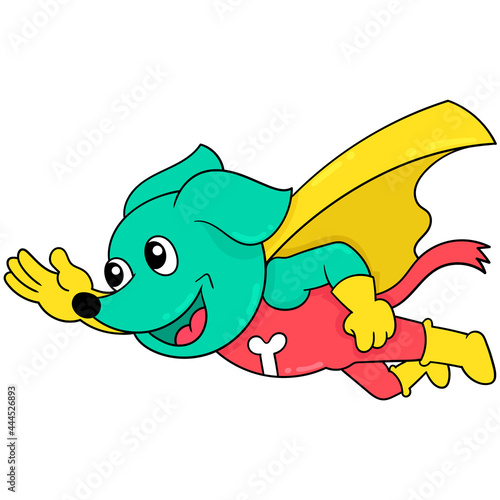 dog superhero is flying in the sky smiling happy face, doodle icon image kawaii