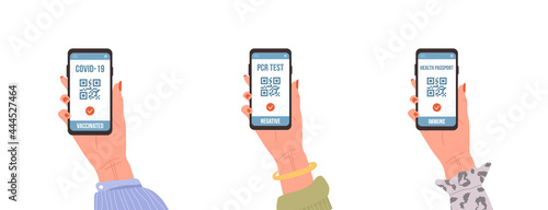 QR code with PCR test, vaccine and health passport. Check of safety from covid-19. Female hand holding smartphone with electronic results on digital screen. Vector illustration in flat cartoon style.