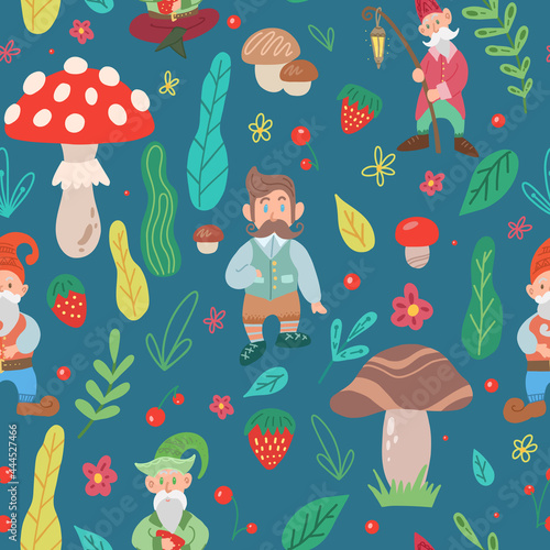 Simple childish pattern with gnomes and a natural pattern. Texture with leprechauns, foliage, mushrooms and berries on a blue background. Hand drawn fairy backdrop for wallpapers and fabrics.