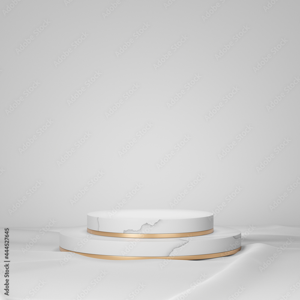 3D rendering background. Two layer white marble gold cylinder stage podium on white cloth floor. 3D rendering background. Two layer white marble gold cylinder stage podium on white cloth floor.