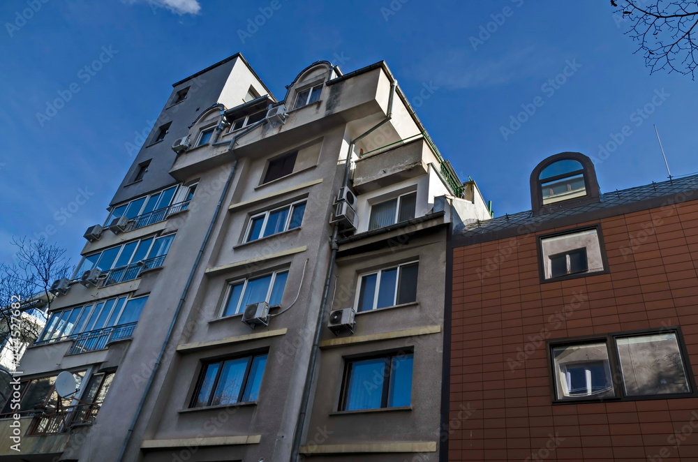 Fototapeta premium Residential neighborhood with interesting modern structures maximizing the use of roof spaces, Sofia, Bulgaria 
