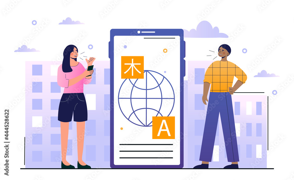 Young male and female characters are using online translator mobile application. People use mobile app to translate language by voice during meeting. Flat cartoon vector illustration