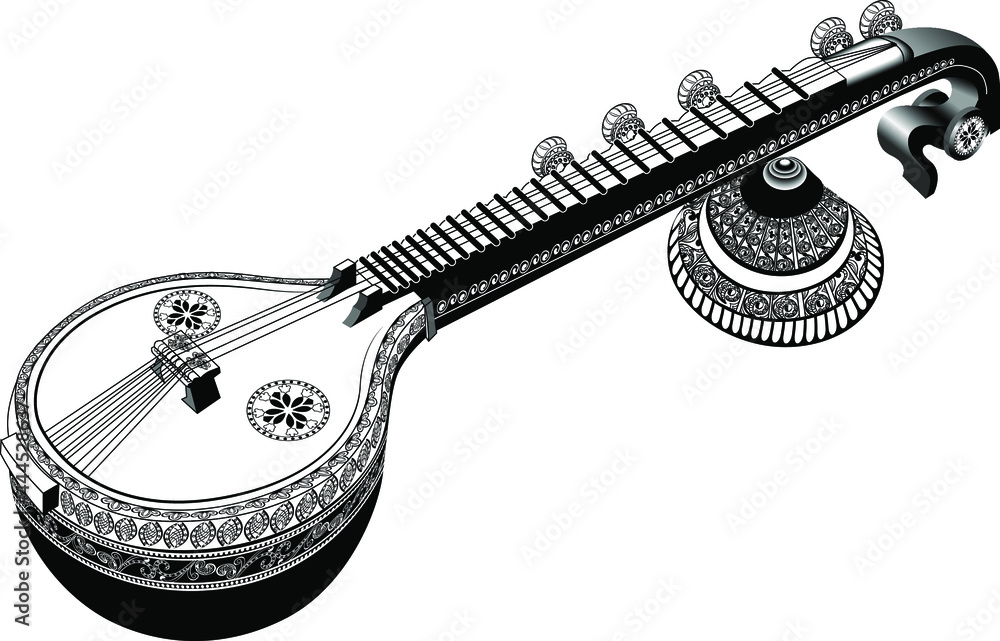Indian music instrument veena or sitar black and white line art drawing.  Artistic Sitar or veena with floral and henna style pattern isolated on  white background. vector de Stock | Adobe Stock