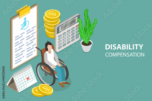3D Isometric Flat Vector Conceptual Illustration of Disability Compensation, Workers Compensation Program