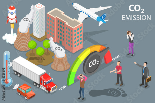 3D Isometric Flat Vector Conceptual Illustration of CO2 Emission, Global Air Pollution