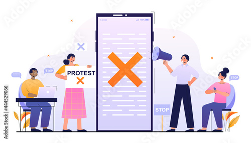 Young male and female characters are participating in social movement. Concept of mass protest, online activism, political rights, social media and discrimination. Flat cartoon vector illustration