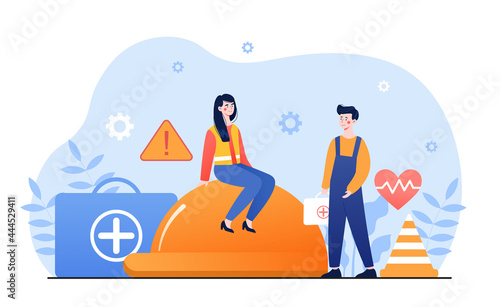 Male and female characters covered by insurance safety. Health administration. Concept of public service protecting worker from health and safety hazards on the job. Flat cartoon vector illustration