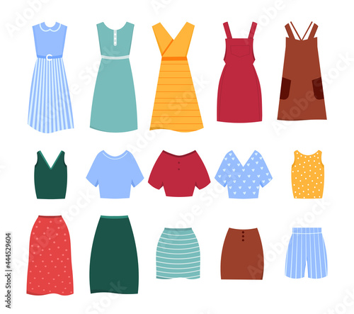 Set of cute colorful female casual summer clothes on white background. Dress, shorts, top, blouse, skirt of different color. Clothing for hot summer weather. Flat cartoon vector illustration
