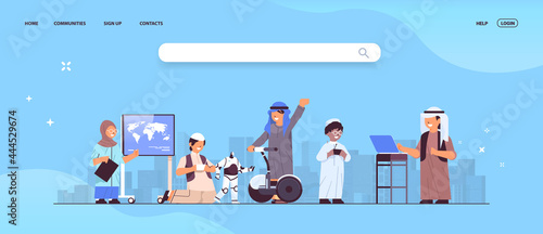 arab schoolchildren using digital gadgets school clildren having fun cityscape background