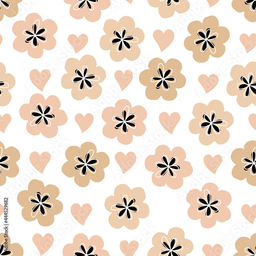 Seamless background with childish floral pattern. White flowers and hearts on a gray background. Floral baby  flat style for printing on fabric, wallpaper, paper, curtains, tablecloths.  © Liubov