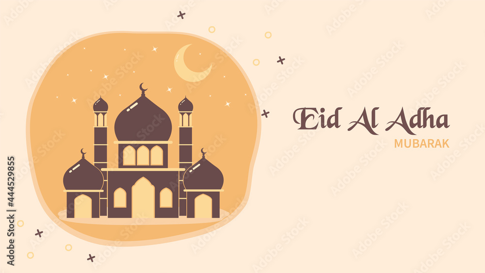 Eid Al Adha Mubarak banner template design with orange cartoon mosque design