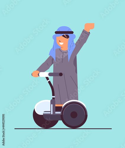 arab schoolboy riding electrical scooter smiling boy having fun on gyroscooter personal transport concept