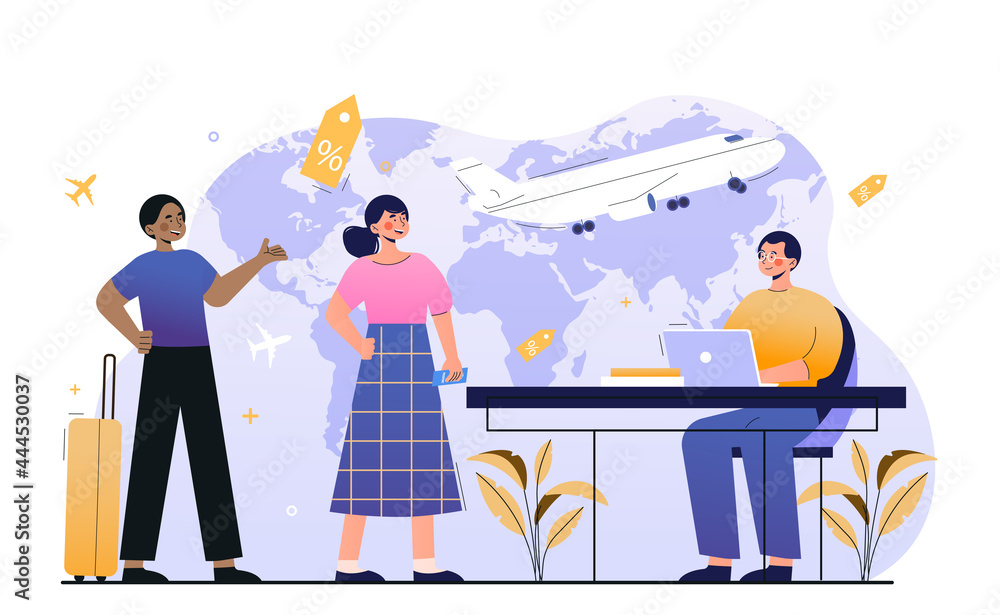 Naklejka premium Male worker is showing new tourist places, resorts, vacation tours to clients. Concept of travel agency exhibition. Agency worker is sitting at laptop. Flat cartoon vector illustration