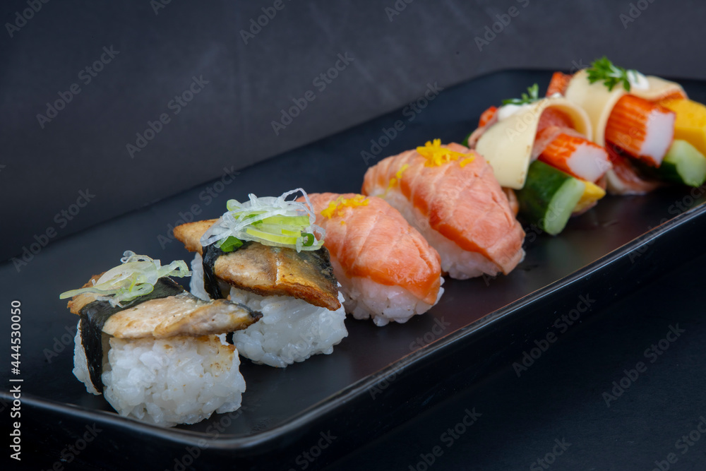 Mackerel, burned salmon Nigiri and crab stick cucumber tofu cheese sushi rolls Mackerel, burned salmon Nigiri and crab stick cucumber tofu cheese sushi rolls