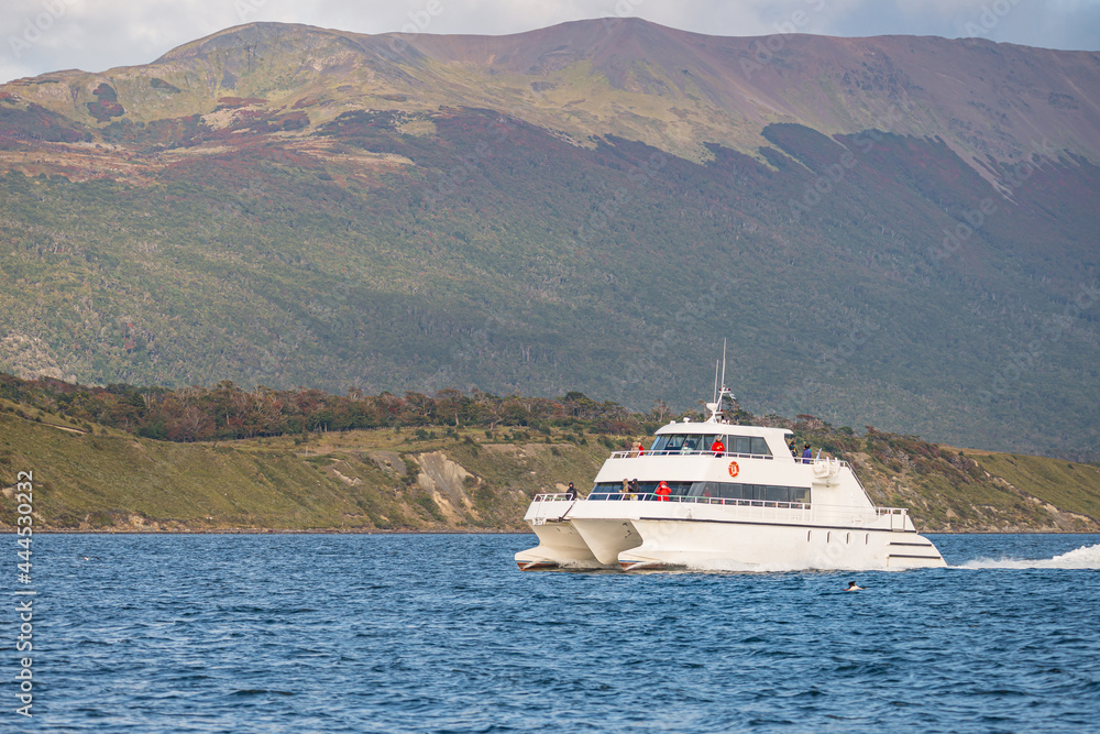 Modern tour boat, catamaran is sailing with tourists at Beagle Channel to watch wildlife in Patagonia, near Ushuaia, Argentina.
