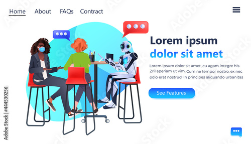 mix race businesswomen in masks and robot discussing during meeting artificial intelligence teamwork chat bubble