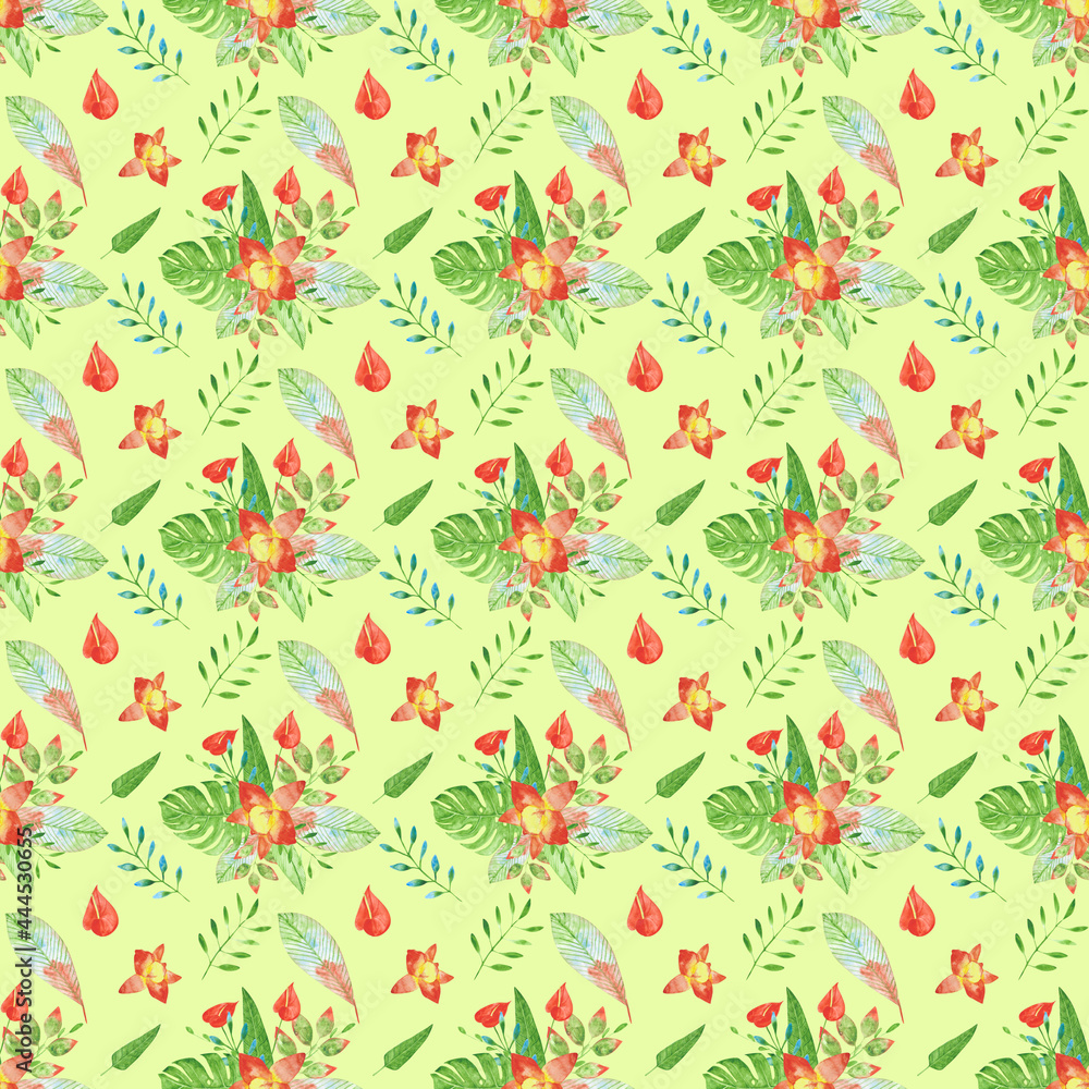 Watercolor bouquet of exotic flowers seamless pattern on a green background. Orchid, strelitzia, monstera, and anthurium on an endless print. Hand-drawn tropical floral illustration. Watercolor bouquet of exotic flowers seamless pattern on a green background. Orchid, strelitzia, monstera, and anthurium on an endless print. Hand-drawn tropical floral illustration.