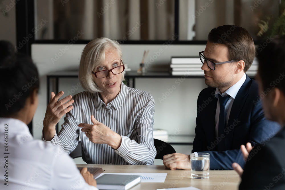 © fizkes - Middle aged mature mentor training interns, corporate coach teaching staff, teacher explaining work process to new employees. Female business leader speaking at meeting, conference, briefing