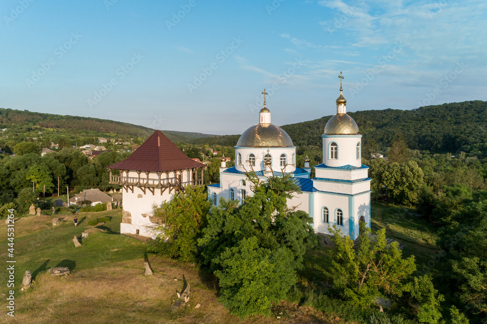 Aerial sunset view of Busha state Historical and Cultural Reserve, located on Podillya, Vinnytsa region, Ukraine.