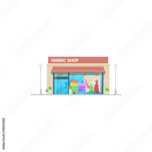 Fabric shop, tailor and sewing fashion cloth store display, vector isolated building. Seamstress cloth, dress tailoring fabrics and clothing textile shop or store with window showcase