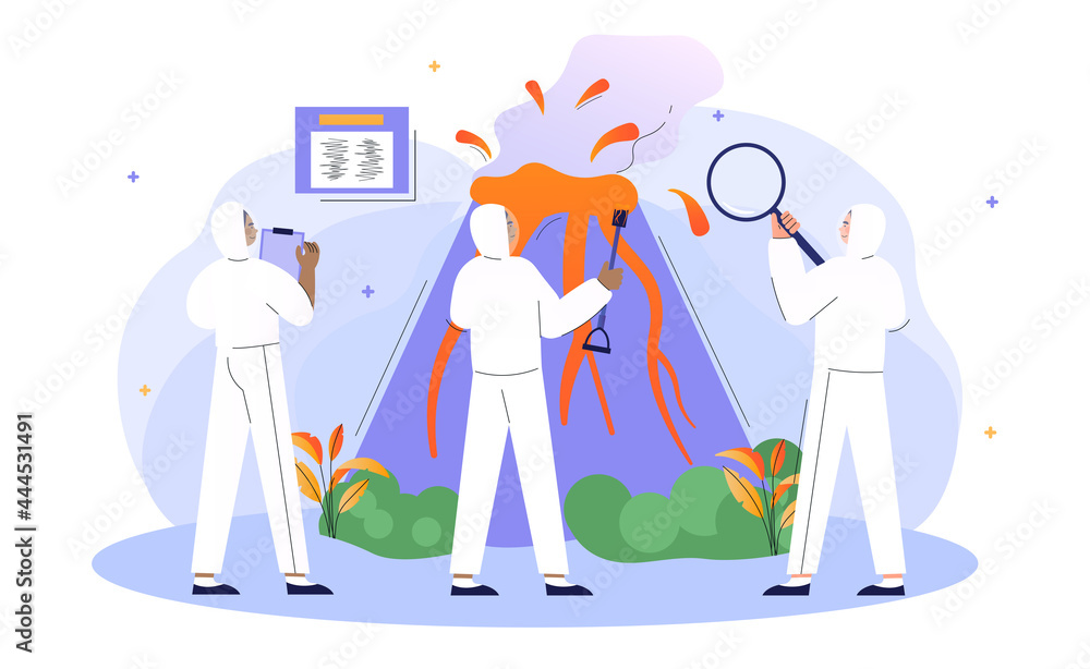Male and female characters are studying volcano eruption together. Scientists standing at volcano cross section erupting lava and gas into atmosphere with clipboards. Flat cartoon vector illustratuion Male and female characters are studying volcano eruption together. Scientists standing at volcano cross section erupting lava and gas into atmosphere with clipboards. Flat cartoon vector illustratuion