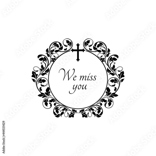 Funeral flowers memory frame, sympathy and mourning, floral wreath, vector. Obituary card and funeral RIP memorial condolences, black cross and flowers wreath for mortuary plaque or remembrance plate