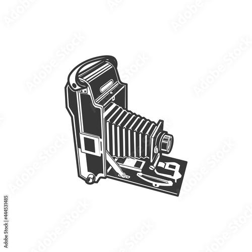 Old folding photocamera, photography shooting equipment isolated monochrome icon. Vector retro foldable cam, photo studio symbol, unfolded vintage camera, photo-camera photography making device