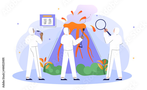 Male and female characters are studying volcano eruption together. Scientists standing at volcano cross section erupting lava and gas into atmosphere with clipboards. Flat cartoon vector illustratuion