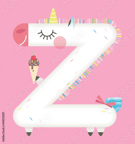 Initiale lettre Z prénom enfant licorne illustration mignon alphabet décoration affiche glace multicolore