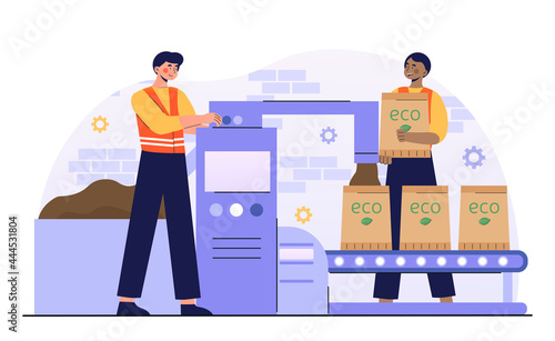 Two smiling male characters are working in waste processing factory together. Men working on packaging station equipment. Concept of recycling garbage to compost. Flat cartoon vector illustration