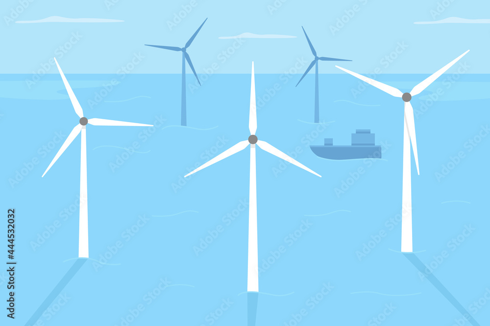 Wind farm locating in shallow water flat color vector illustration. Renewable energy generation. Producing electricity. Deep-water location 2D cartoon landscape with ocean windmills on background Wind farm locating in shallow water flat color vector illustration. Renewable energy generation. Producing electricity. Deep-water location 2D cartoon landscape with ocean windmills on background