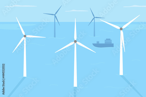 Wind farm locating in shallow water flat color vector illustration. Renewable energy generation. Producing electricity. Deep-water location 2D cartoon landscape with ocean windmills on background