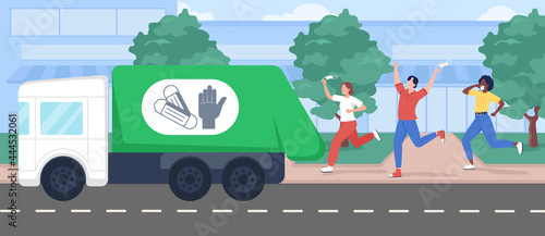 End of covid flat color vector illustration. Throwing disposable masks away after pandemic end. Discarding protective equipment. Happy running 2D cartoon characters with garbage truck on background