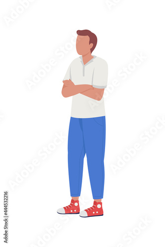 Man tired of waiting semi flat color vector character. Brown-haired figure. Full body person on white. Summer casual outfit isolated modern cartoon style illustration for graphic design and animation
