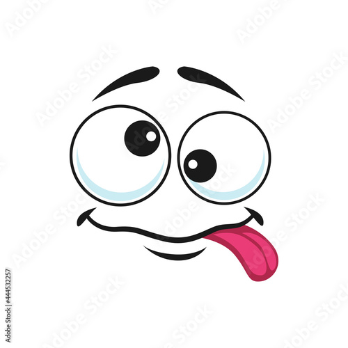 Strange stupid emoticon showing tongue isolated icon. Vector emoticon with silly eyes, awkward face expression. Strange emoji, crazy idiot mascot. Cheerful person social network chatbot