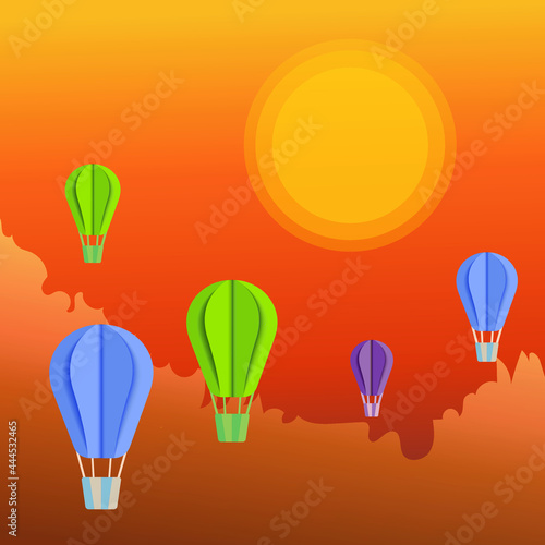 Couple flying hot air balloon above mountains. Air balloon festival vector flat illustration. Romantic summer travel concept.