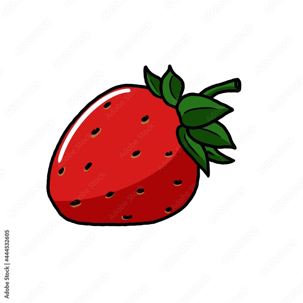 An illustration of a bright red strawberry with leaves on a white background. Ideal for prints, fabric drawing, wallpaper, background, menu, leaflets, brochures, booklets, postcards, invitations An illustration of a bright red strawberry with leaves on a white background. Ideal for prints, fabric drawing, wallpaper, background, menu, leaflets, brochures, booklets, postcards, invitations