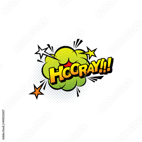 Pop art hooray communication comic bubble, balloon with sound effect and stars bursts isolated. Vector cloud comic bubble, chat message hurrah burst explosion. Chat message to express joy or approval