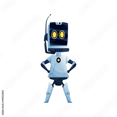 Woman robot, big eyes and antenna in head, female robotic character in white color isolated. Vector plastic futuristic sci-fi hi-tech machine, girl robot with star on display, artificial intelligence