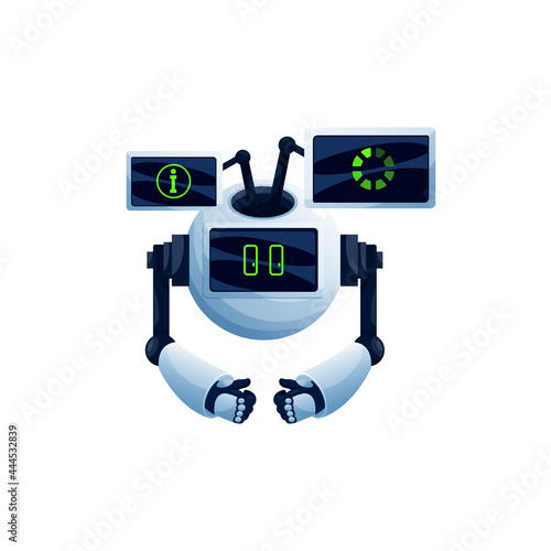 Robot chatbot with digital screens dashboards with data graphics isolated realistic customer service character. Vector cyber android machine, modern technologies vr cyberpunk with help displays