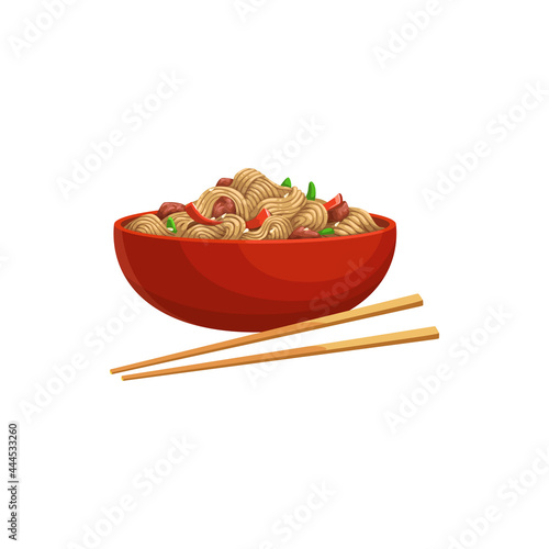 Soy noodles product, soybean meat and vegetables in bowl with chopsticks isolated realistic icon. Vector chinese or japanese food, udon stir fry noodles, street food, takeaway snack. Hakka or ramen