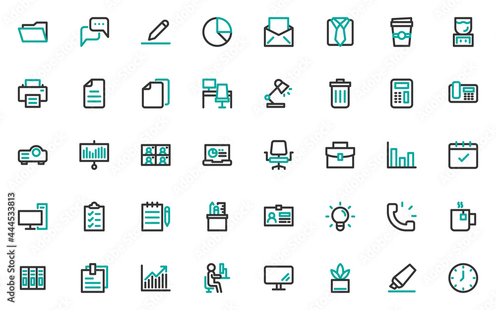 set of office line icons, workplace, company, business