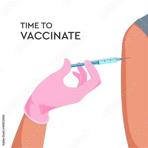 Time to vaccinate quote. Doctor hand with pink medical glove, syringe, medical injection vaccine. Health care concept of vaccination, medical treatment. Vector flat illustration. Design for banner