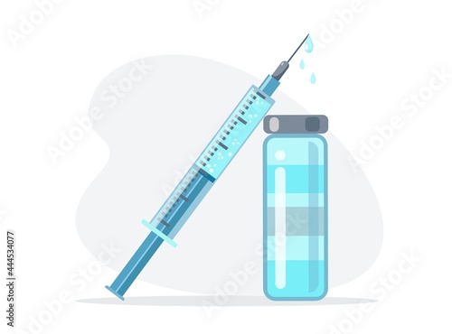 Syringe and green vaccine vial, bottle of medicine on gray background. Coronavirus concept. Injection tool for immunization treatment. Coronavirus vaccine background. Vector flat illustration.