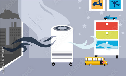 Generic air purifier improving indoors air quality in a kid's room in the city, EPS 8 vector illustration