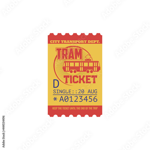 Single ticket on tram class D, control line. Vector retro one trip paper coupon with perforated cut line. Boarding on tram ticket control with date, city transport access. Transportation vintage pass