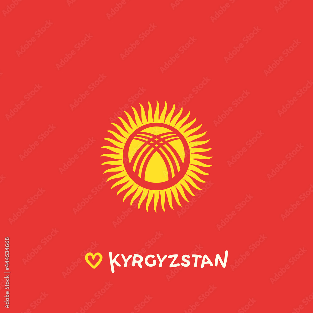 Kyrgyzstani Flag artwork of an Yellow Sun Symbol on a Red color square backdrop with an outlined Heart shape and the text Kyrgyzstan styled in comic handwritten lettering font - Jpeg Kyrgyzstani Flag artwork of an Yellow Sun Symbol on a Red color square backdrop with an outlined Heart shape and the text Kyrgyzstan styled in comic handwritten lettering font - Jpeg