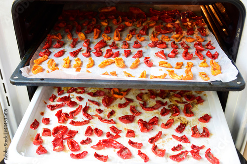 Homemade Dried red tomatoes slices on white baking paper. Traditional Italian Mediterranean kitchen cuisine. Cooking sun-dried tomatoes in the oven in the kitchen.