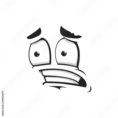 Cartoon face vector icon, scared funny emoji, plaintive facial expression with wide open eyes and grit teeth, fear or shock feelings isolated on white background