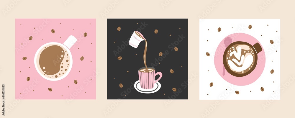 Coffee poster set. Hand drawn traditional morning breakfast drink, cup with latte or cappuccino top view, beans around, pink background, trendy delicious beverage, vector cartoon isolated illustration
